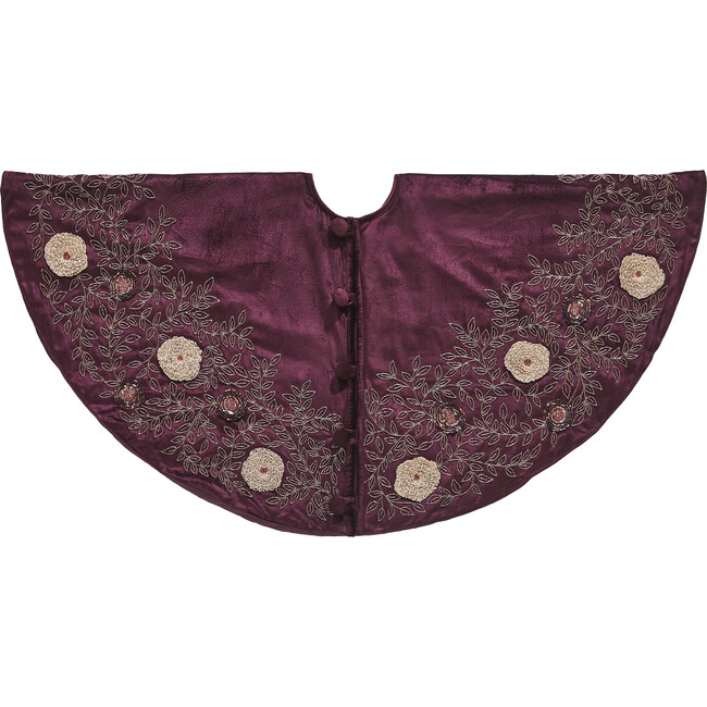 Hand Beaded Floral Christmas Tree Skirt on Wine Velvet - 60" - Tree Skirts - 1