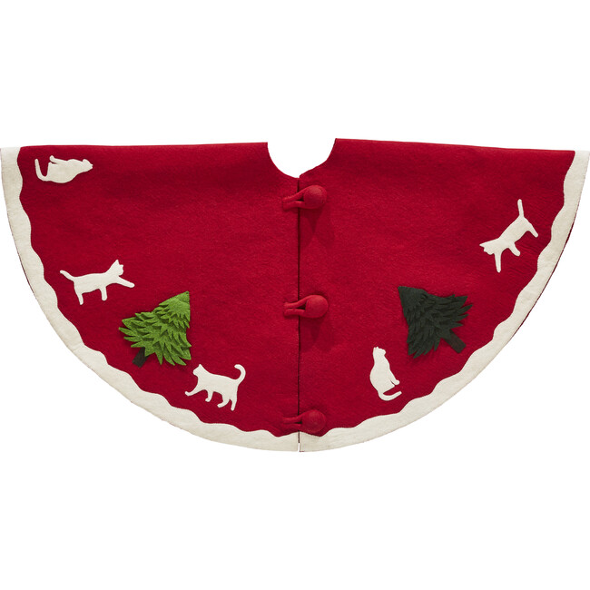 Cats & Green Trees Hand-Felted Christmas Tree Skirt - 60"