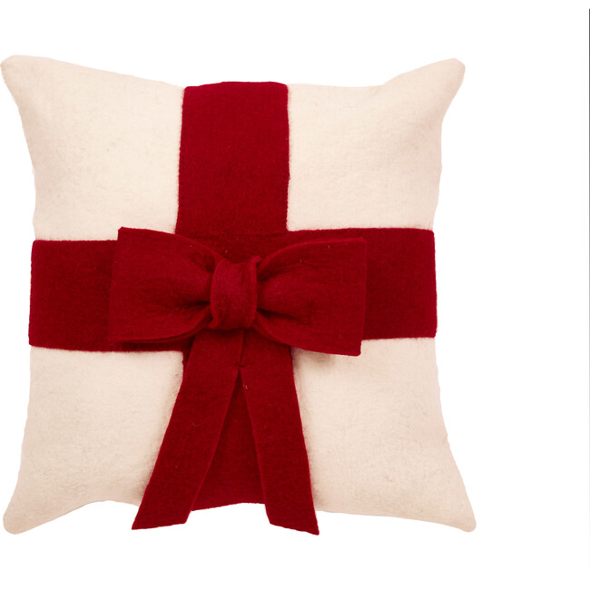 Red Bow on Cream - Christmas Pillow Cover in Hand Felted Wool - 14"