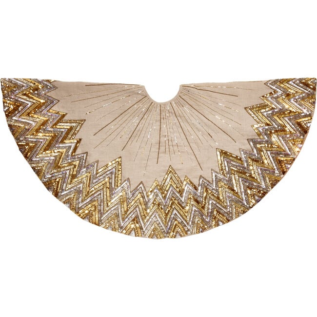 Handmade Christmas Tree Skirt - Hand Beaded Metallic Starburst on French Vanilla Linen- 60" - Tree Skirts - 1