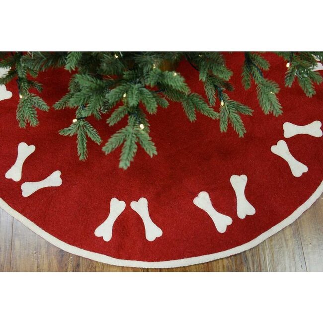 Dog Bones on Red Christmas Tree Skirt in Hand Felted Wool