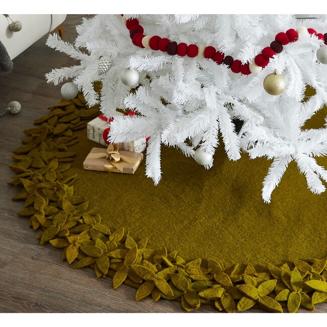 Hand Felted Wool Christmas Tree Skirt - Overlapping Flowers Border in Chartreuse Green - 64" - Tree Skirts - 3