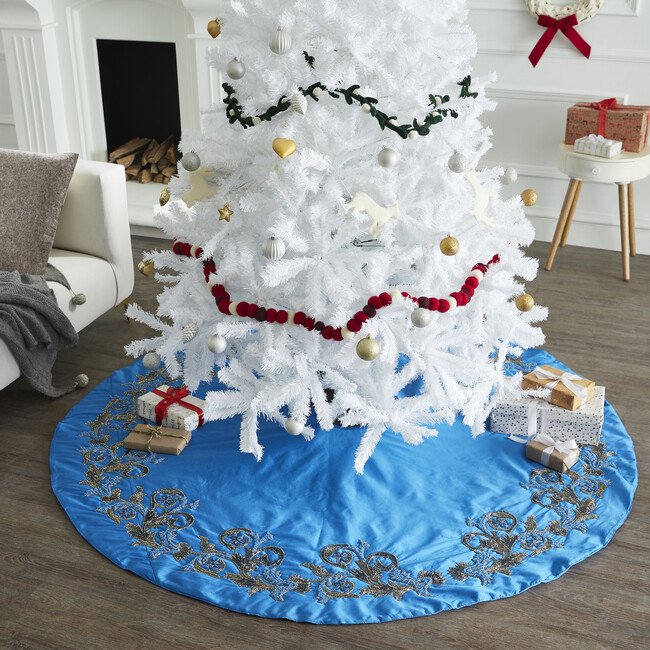 Imperial Blue Hand Beaded Christmas Tree Skirt on Blue Silk
