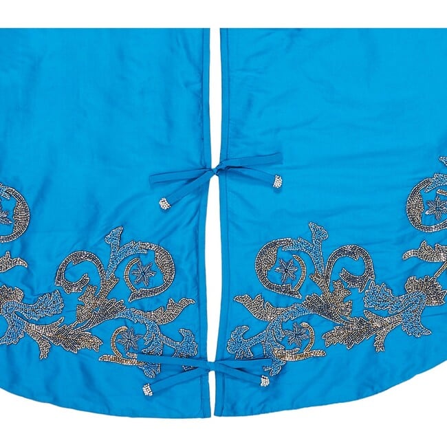 Imperial Blue Hand Beaded Christmas Tree Skirt on Blue Silk - Tree Skirts - 3