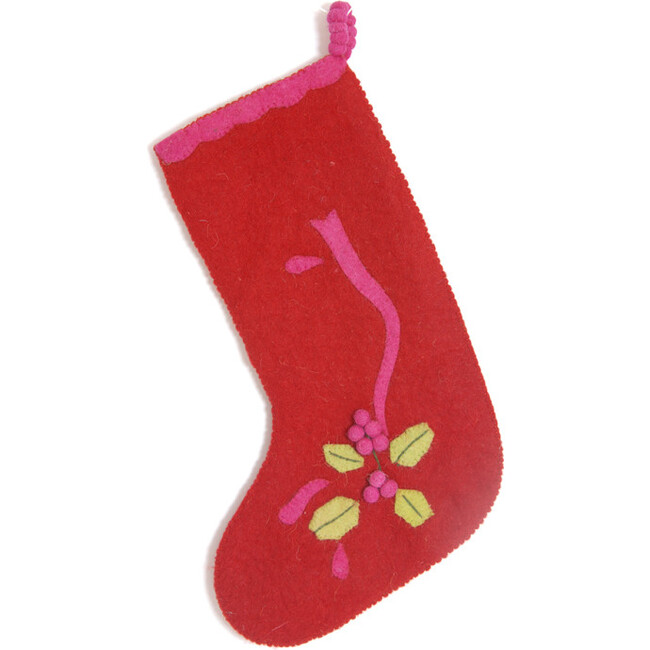 Hand Felted Wool Christmas Stocking - Holly Berry on Red