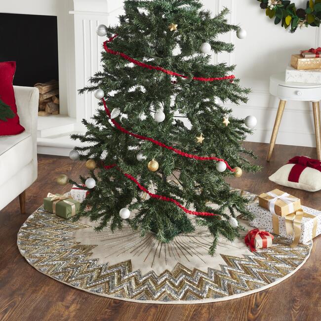 Handmade Christmas Tree Skirt - Hand Beaded Metallic Starburst on French Vanilla Linen- 60" - Tree Skirts - 2