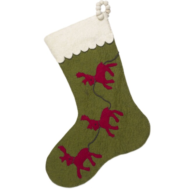 Hand Felted Wool Christmas Stocking - Red Reindeer on Green