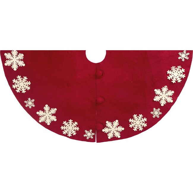 Hand Felted Wool Christmas Tree Skirt - Red with Cream Tacked Snowflakes - 60"