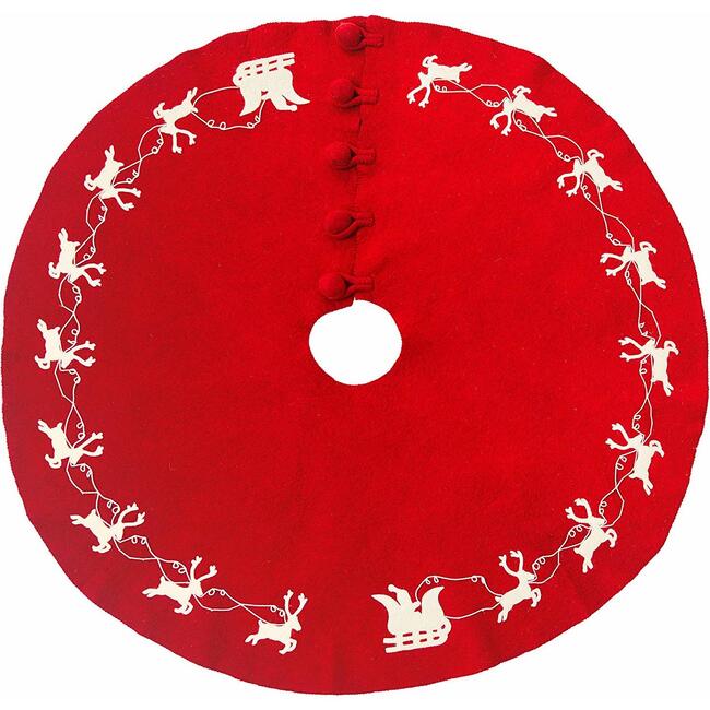 Cream Reindeer on Red Christmas Tree Skirt in Hand Felted Wool - 60"/72"