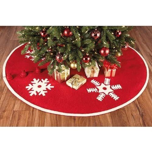 Handmade Christmas Tree Skirt in Felt - Snowflakes on Red  - 60" / 72"