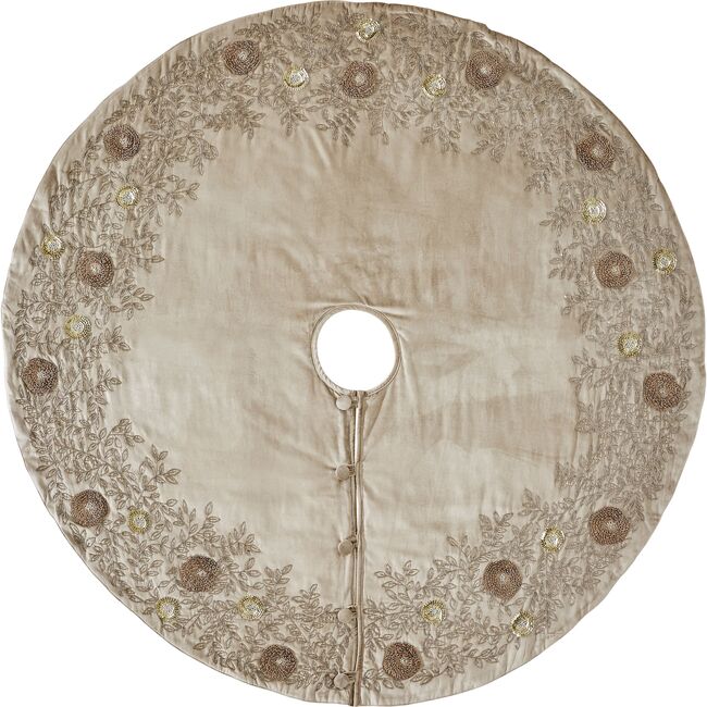 Hand Beaded Floral Christmas Tree Skirt in Cafe Au Lait Velvet - Tree Skirts - 1