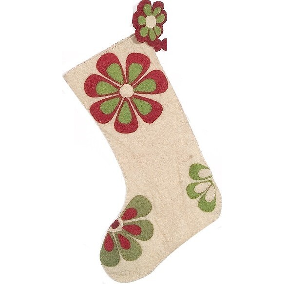 Hand Felted Wool Christmas Stocking - Flower Power in Ivory with Red and Green