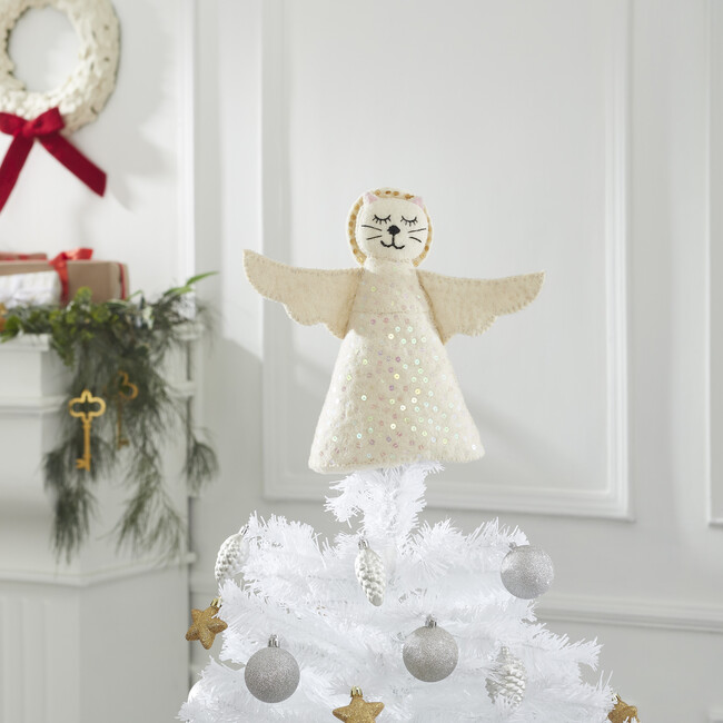 Cat Angel Handmade Felt Christmas Tree Topper in Cream