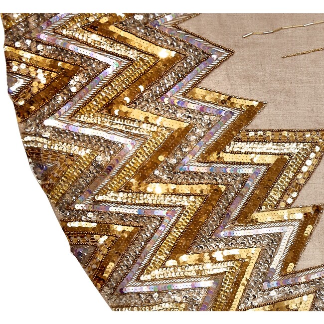 Handmade Christmas Tree Skirt - Hand Beaded Metallic Starburst on French Vanilla Linen- 60" - Tree Skirts - 5