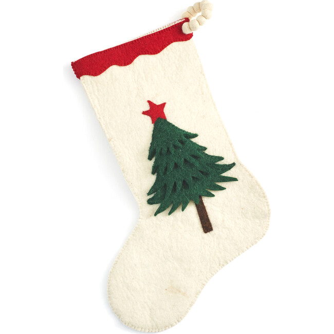Hand Felted Wool Christmas Tree Stocking on Cream - Stockings - 1