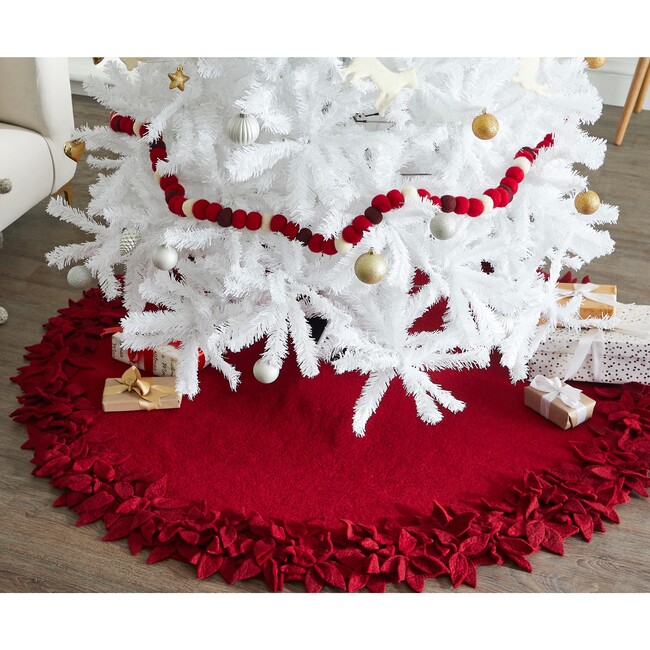 Hand Felted Wool Christmas Tree Skirt - Overlapping Flowers Border in Maroon
