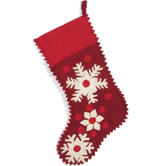 Hand Felted Wool Christmas Stocking - Snowflakes on Red