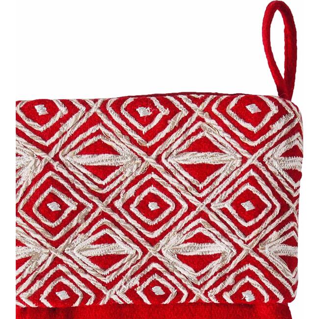 Red Christmas Stocking with Geo Embroidered Cuff in Recycled Wool - Stockings - 3