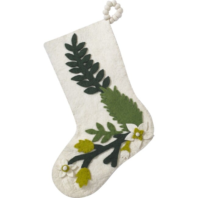 Hand Felted Wool Christmas Stocking - Green Leaves on Cream - Stockings - 1