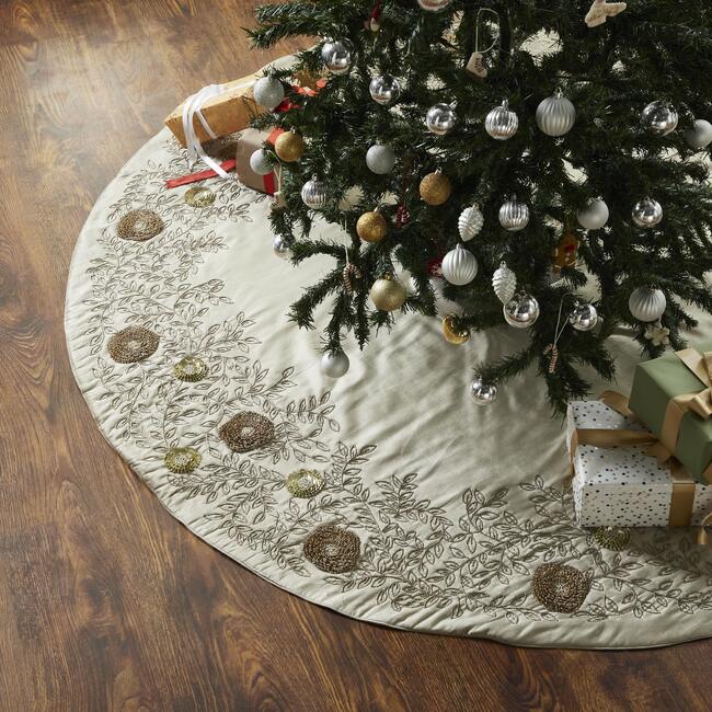 Hand Beaded Floral Christmas Tree Skirt in Cafe Au Lait Velvet - Tree Skirts - 2