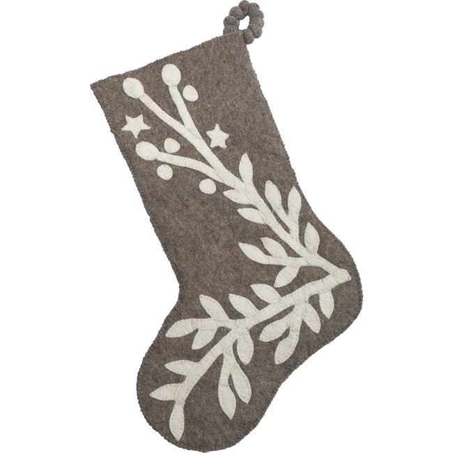 Hand Felted Wool Christmas Stocking, Stars and Branch on Gray
