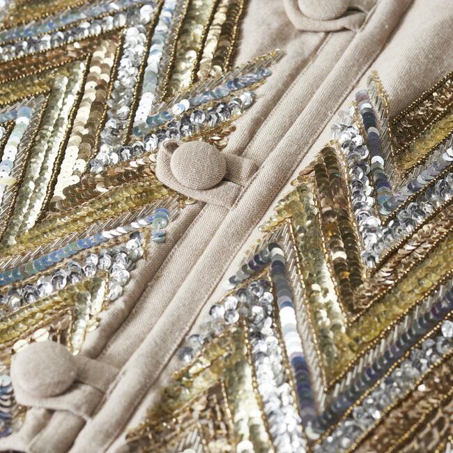 Handmade Christmas Tree Skirt - Hand Beaded Metallic Starburst on French Vanilla Linen- 60" - Tree Skirts - 7