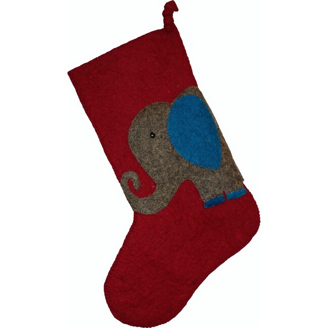 Hand Felted Wool Kids Christmas Stocking - Double Sided Elephant Stocking on Red