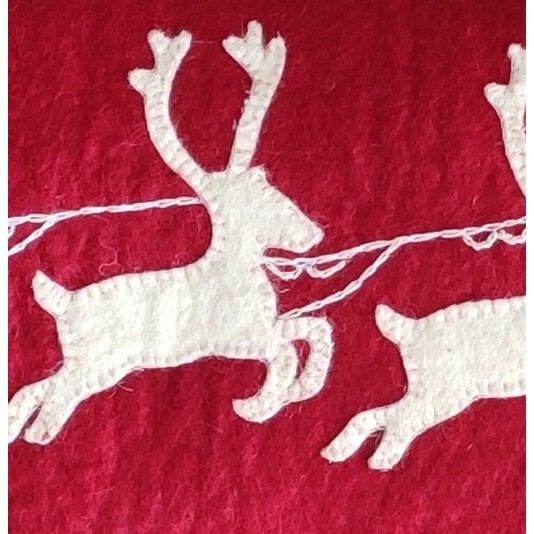 Hand Felted Wool Christmas Pillow - Cream Sleigh and Reindeer on Red - 12"x24"