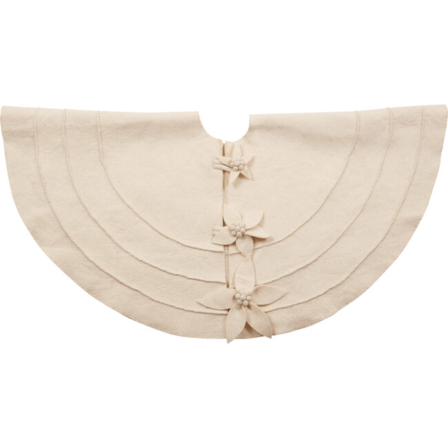 72" Cream Poinsettia Buttons Christmas Tree Skirt in Hand Felted Wool