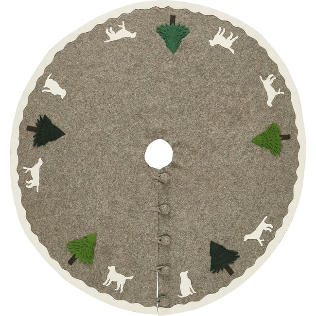 Cream Dogs and Green Trees Christmas Tree Skirt on Gray in Hand Felted Wool - Tree Skirts - 4