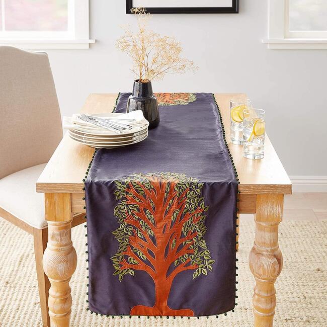 Silk Tree of Life Table Runner, Navy