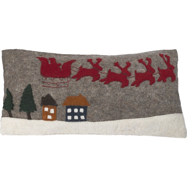 Hand Felted Wool Christmas Pillow Cover, Sleigh with Village, 12"x24"