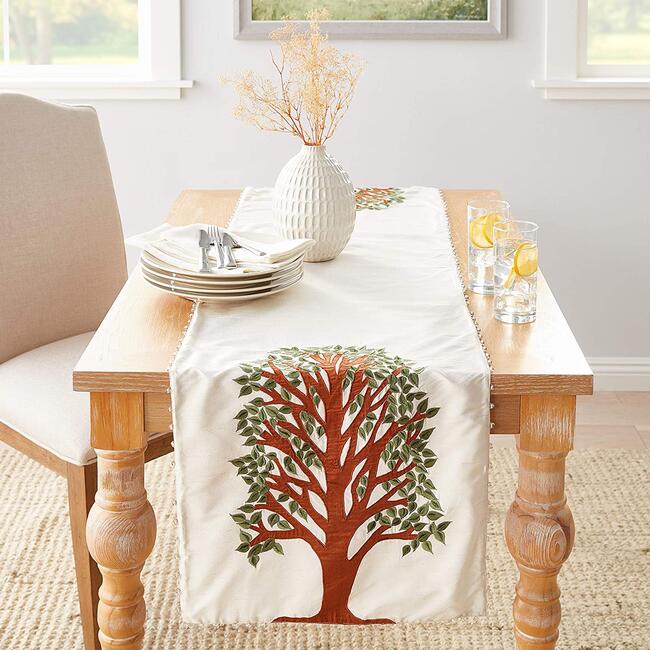 Silk Tree of Life Table Runner, Ivory