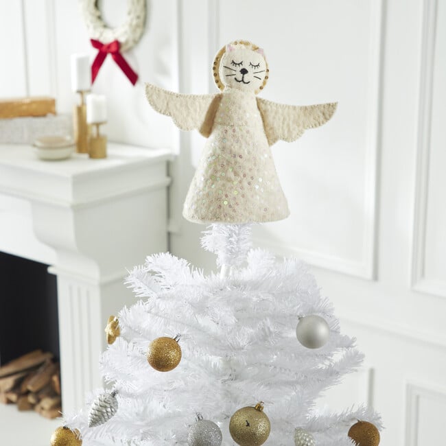 Cat Angel Handmade Felt Christmas Tree Topper in Cream - Tree Toppers - 4