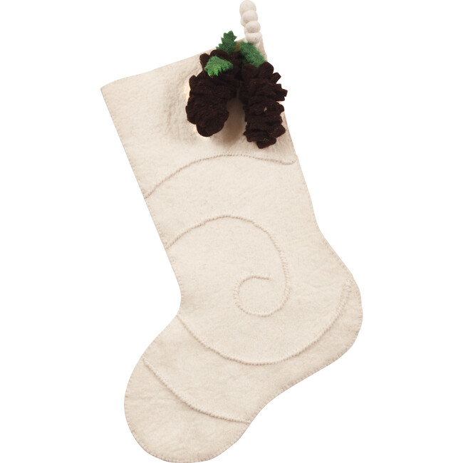 Pine Cone on Cream Christmas Stocking in Hand Felted Wool