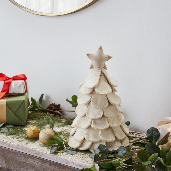 Handmade Cream Tabletop Christmas Tree in Hand Felted Wool