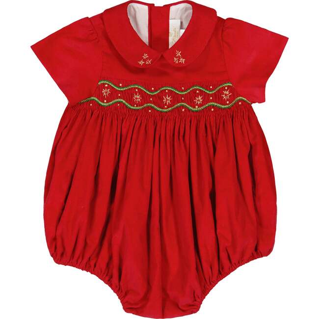 Stella Short Sleeve Corduroy Smocked Bubble, Red - Rompers - 1