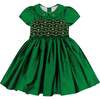 Stella Silk Taffetas Short Sleeve Smocked Dress, Green - Dresses - 1 - thumbnail