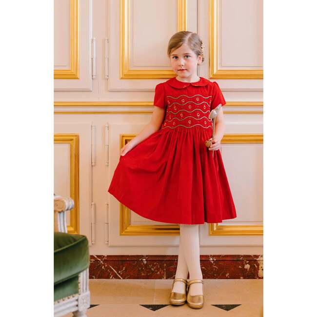 Stella Short Sleeve Corduroy Smocked Dress, Red