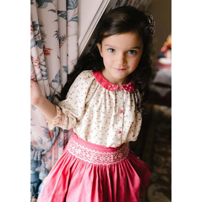 Marie Floral Print Smocked Corduroy Skirt & Blouse, Pink