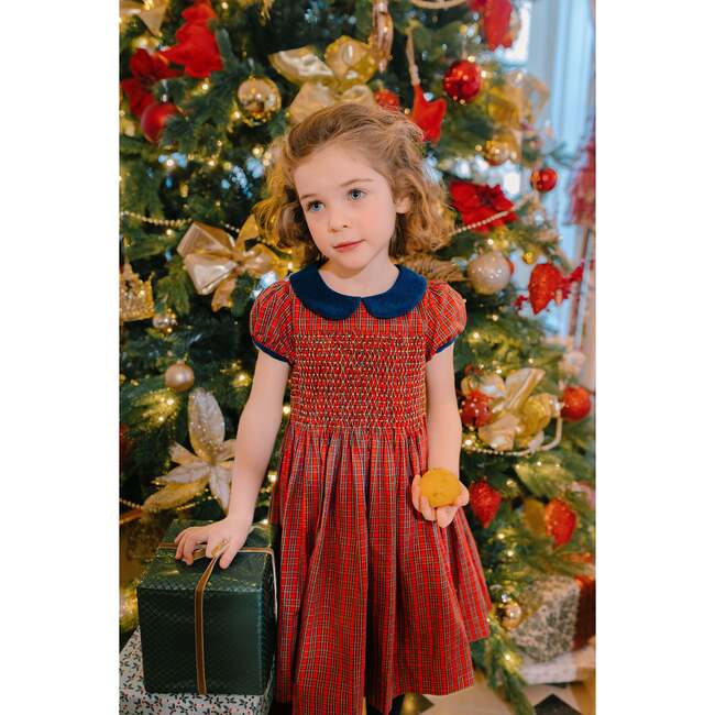Angelica Short Sleeve Tartan Smocked Dress, Red