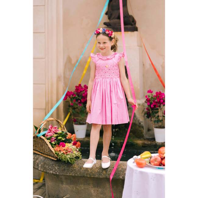 Tulip Gingham Frilled Cap Sleeve Smocked Dress, Pink