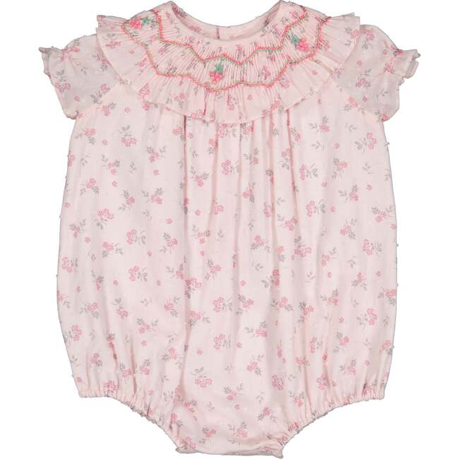 Myrtille Floral Short Sleeve Bishop Romper, Pink - Rompers - 1