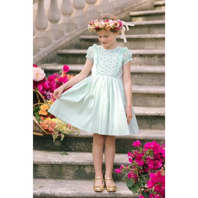 Camelia Organza Puff Sleeves Smocked Dress, Green