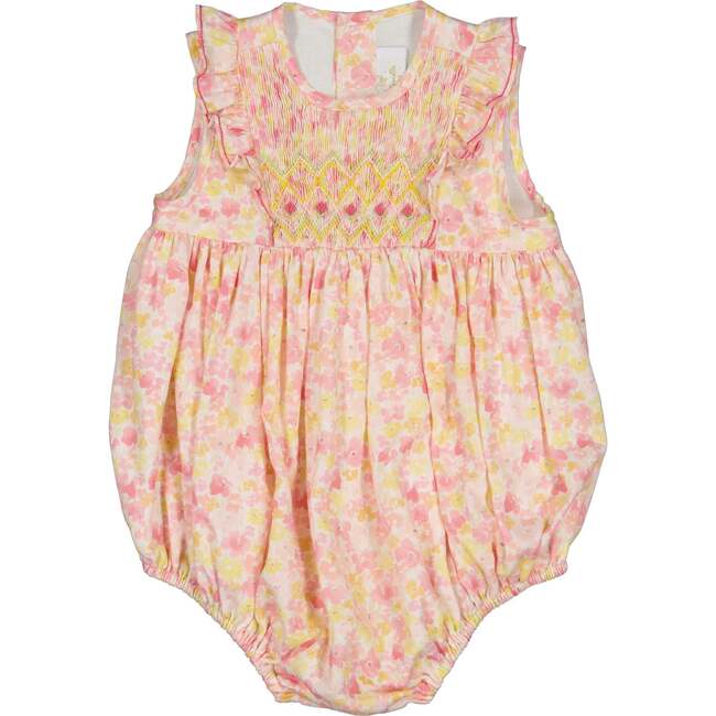 Iris Floral Frilled Sleeveless Smocked Yoke Bubble, Pink - Onesies - 1