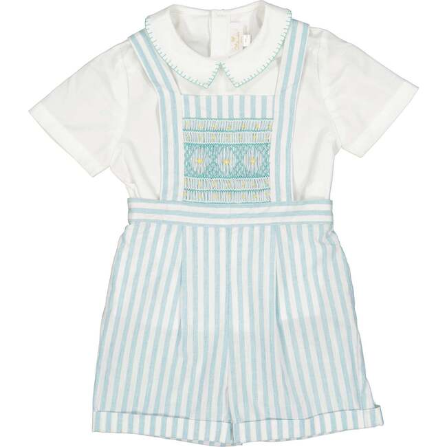 George Stripe Dungaree & Shirt, Green - Rompers - 1