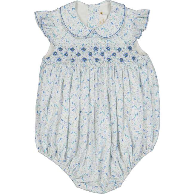 Cosmos Floral Frilled Cap Sleeve Smocked Bubble, Blue - Onesies - 1