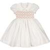 Bagatelle Silk Handmade Smocked Dress, White/Pink - Dresses - 1 - thumbnail
