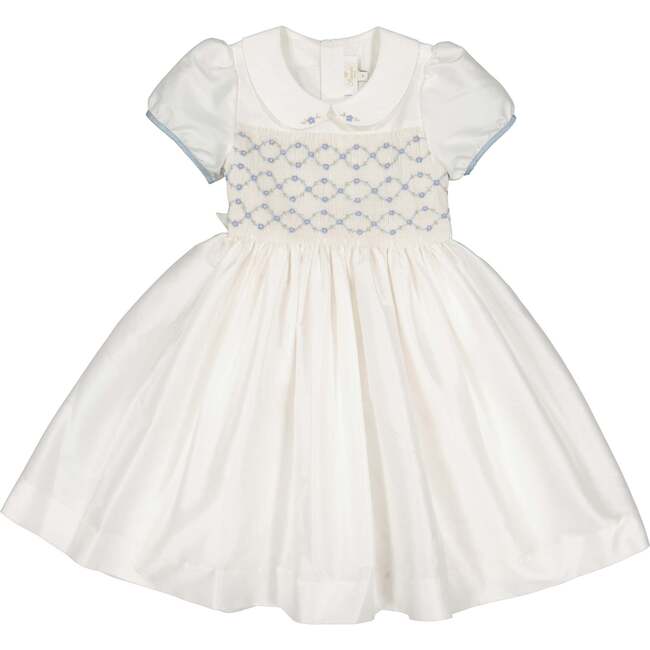 Bagatelle Silk Handmade Smocked Dress, White/Blue