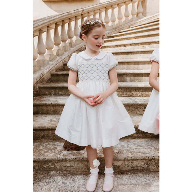 Bagatelle Silk Handmade Smocked Dress, White/Blue